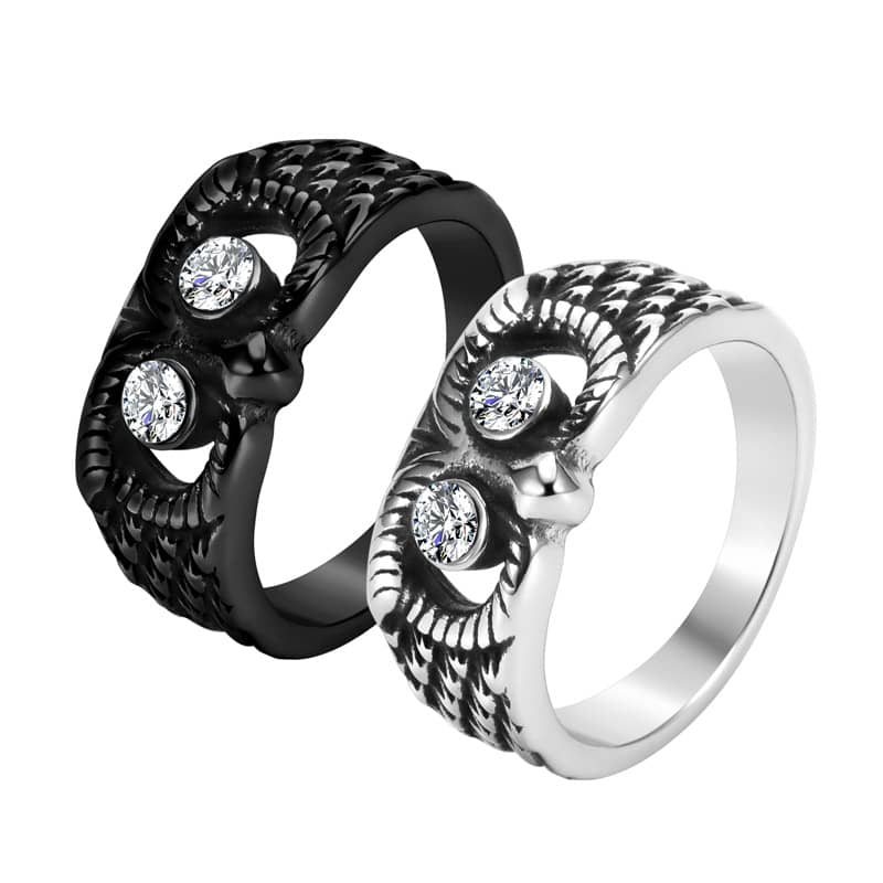 Black Zircon And Silver Owl Ring for Men