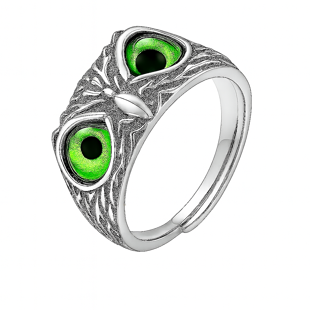 Silver ring with green gemstones on a white background