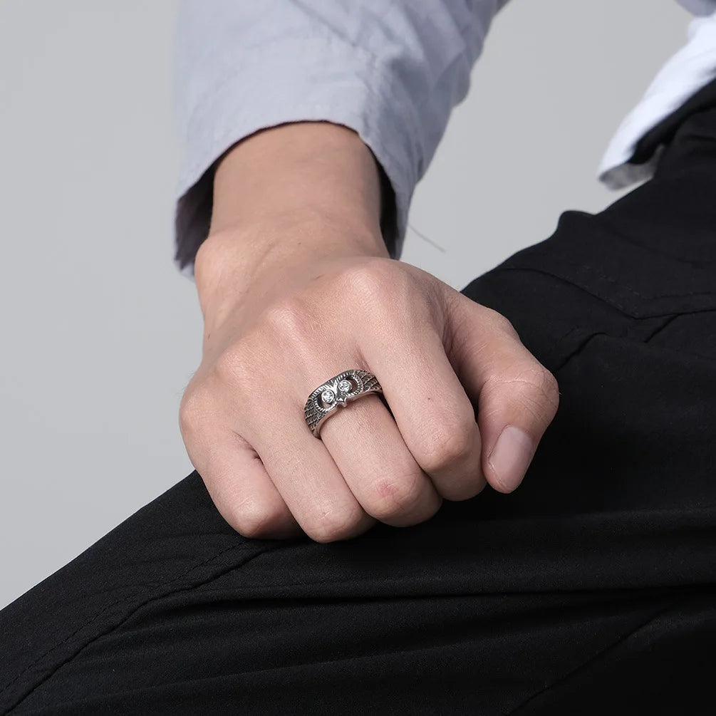 Black Zircon And Silver Owl Ring for Men