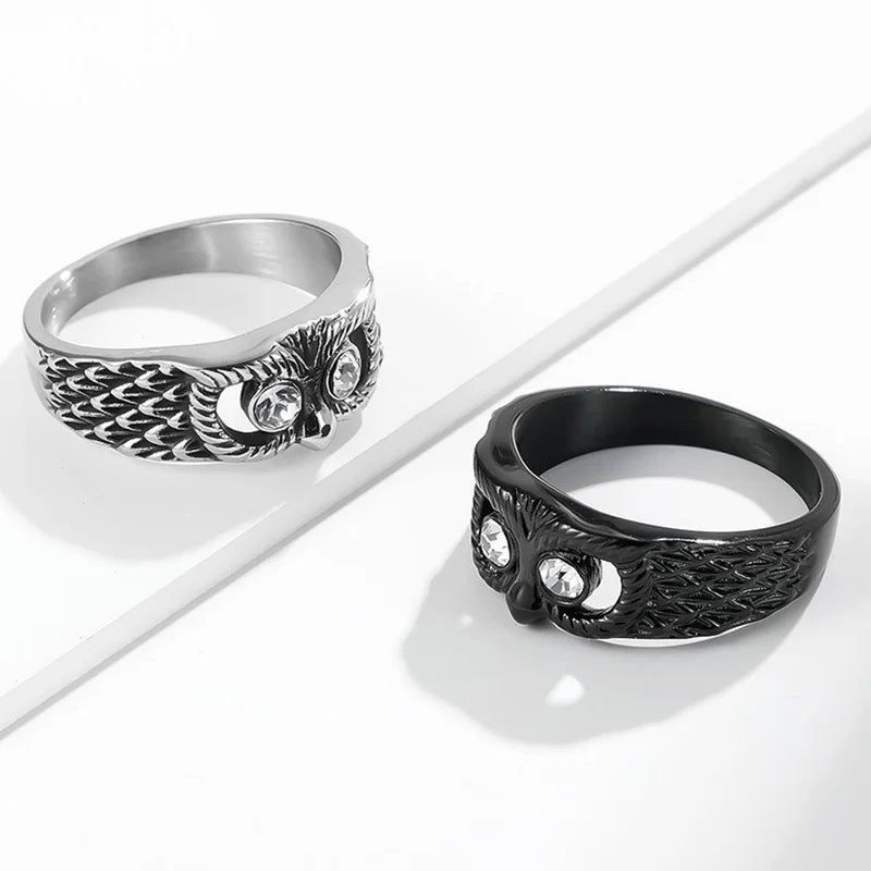 Black Zircon And Silver Owl Ring for Men