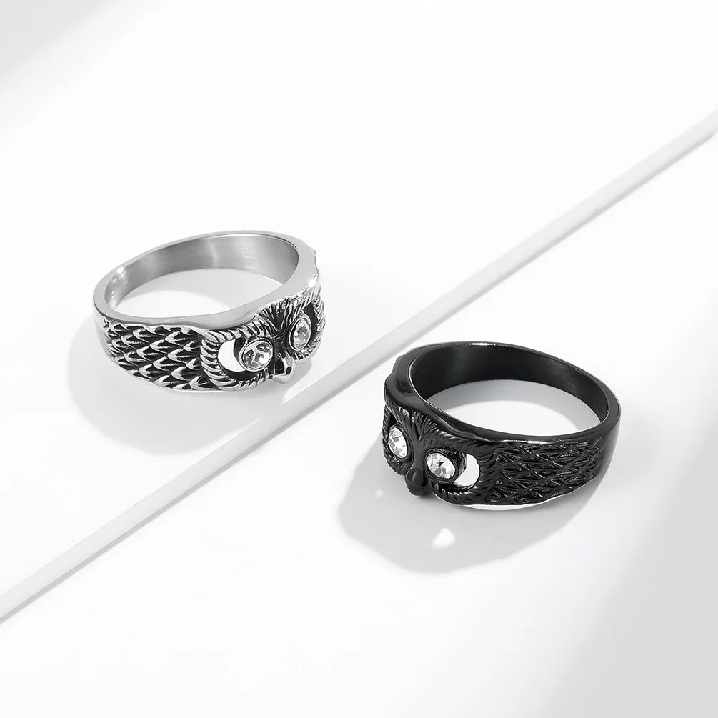 Black Zircon And Silver Owl Ring for Men