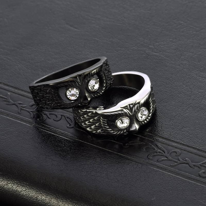 Black Zircon And Silver Owl Ring for Men
