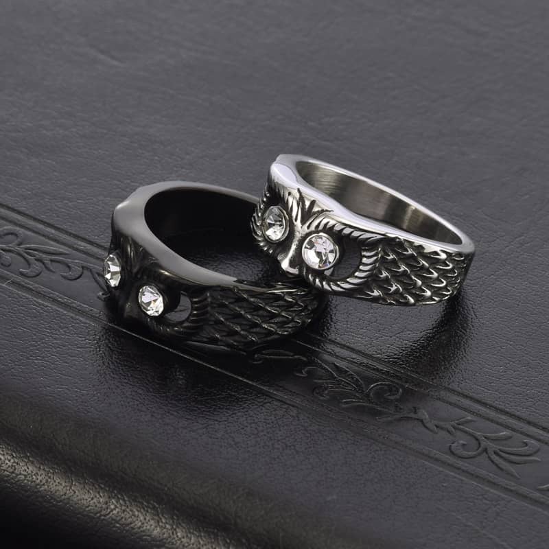 Black Zircon And Silver Owl Ring for Men